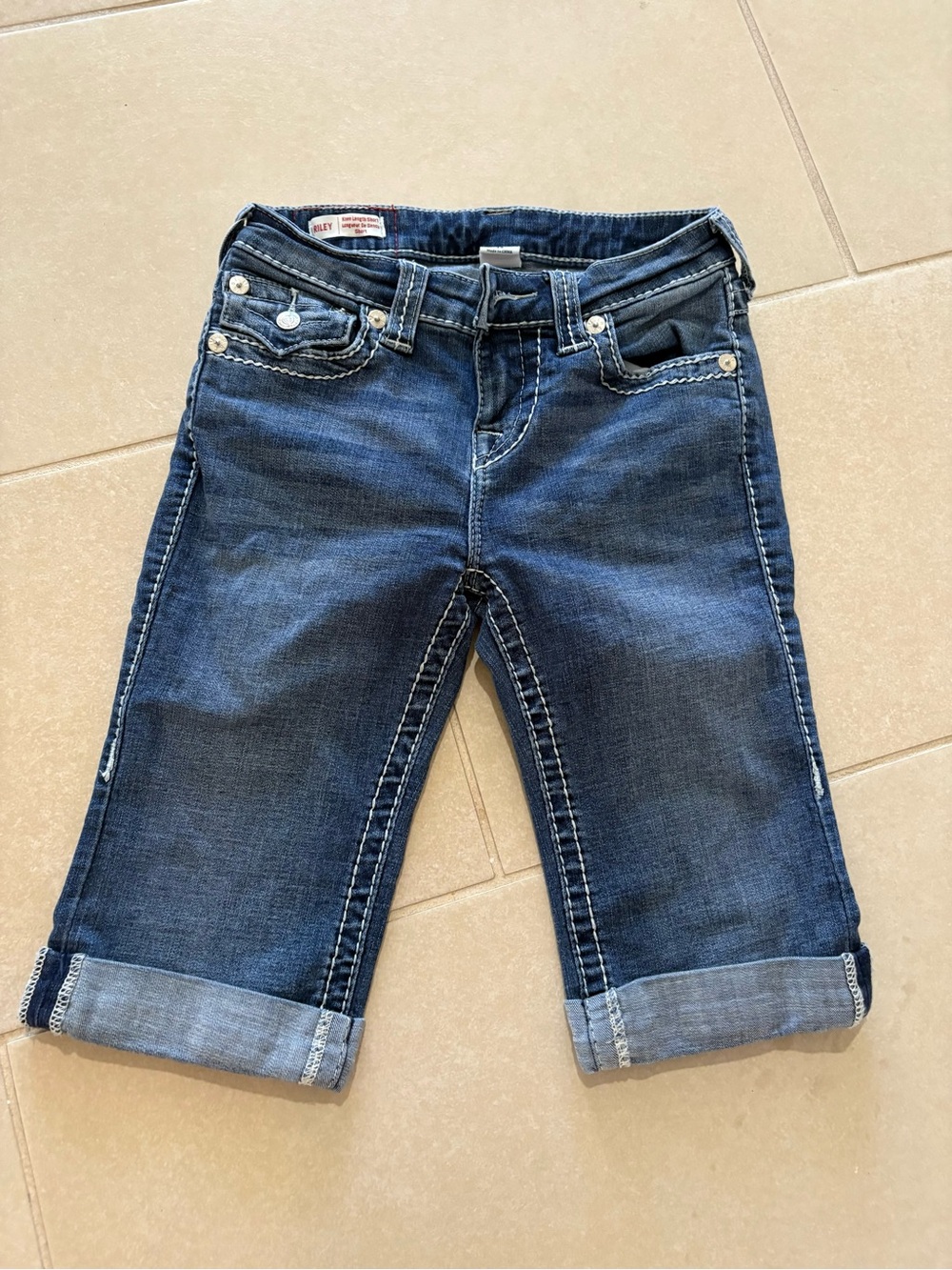 True Religion Riley Size 25 Dark Wash Contrast Stitch Denim Jeans – Flap Pockets